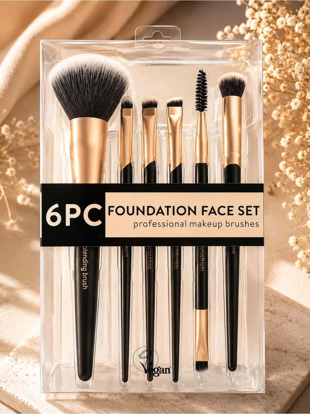6-Piece Foundation Face Brush Set - Black & Gold Makeup Brushes